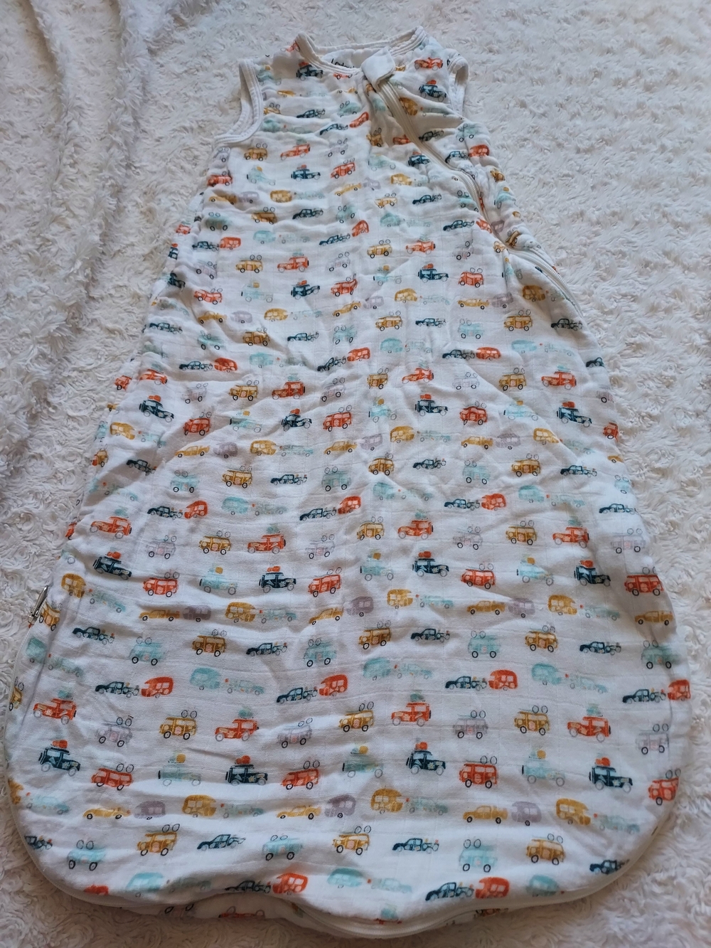 Loulou Lollipop Bamboo Muslin White Sleep Sack Colorful Car Truck Print 0-6mo
